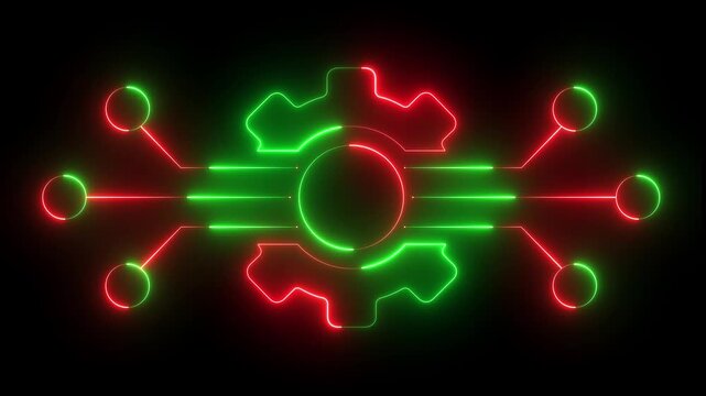 glowing neon gear and circuit board icon isolated on black background. gear and circuit technology icon representing automation system, innovation mechanism and futuristic tech interface visualization