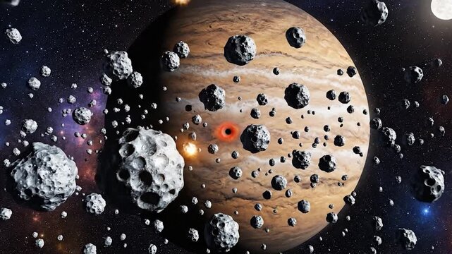 Numerous asteroids and meteoroids orbit a giant gas planet in deep space