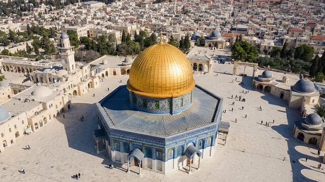 aerial view of dome of the rock with golden dome over jerusalem old city