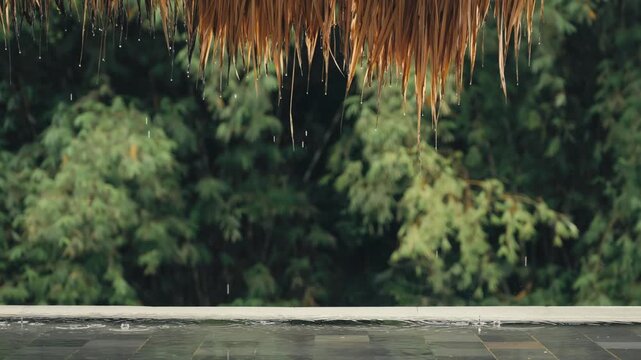 Rain drops falling down from palm roof with tropical lush jungle view in background, cinematic, close up