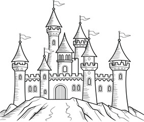 Obraz premium Hand drawn fairytale fantasy castle vector, medieval royal fortress with towers and flags for kingdom design