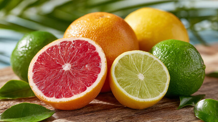 Fresh citrus fruits assortment on rustic wooden table