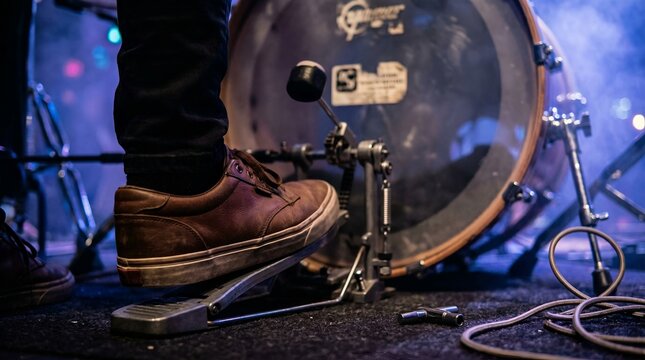 A drummer's foot on a kick drum pedal during a musical performance, with a drum and other equipment visible in the shot