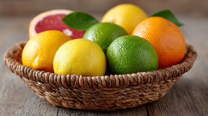 Mixed fresh citrus fruits in rustic wicker basket on wooden table