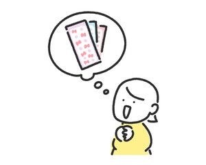 シールのことを考える笑顔の女性と吹き出しのかわいい線画