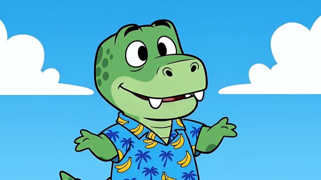 cartoon dinosaur in tropical shirt under clear blue sky