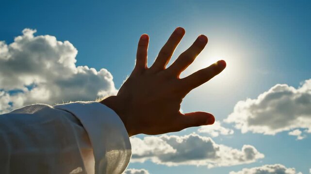 Hand reaching towards the bright sun, blocking its glare against a cloudy sky
