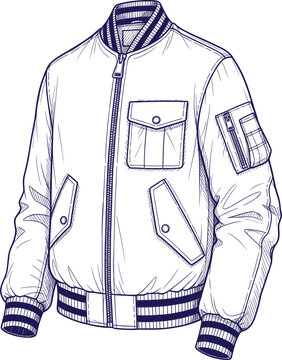 Men Bomber Jacket Technical Sketch Illustration with Zipper and Pocket Details