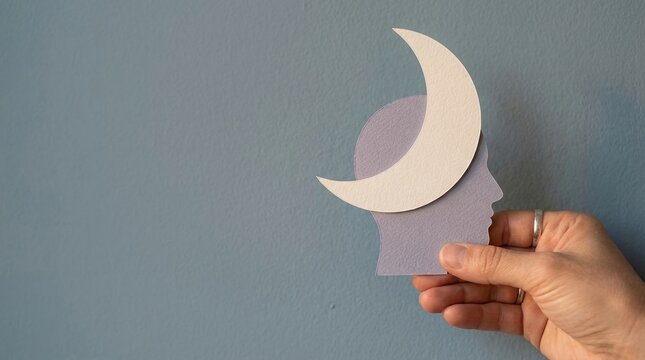 mental health, sleep, moon, psychology, dream, mind, brain concept with human head silhouette held by hand against blue wall, representing insomnia, meditation and unconsciousness.
