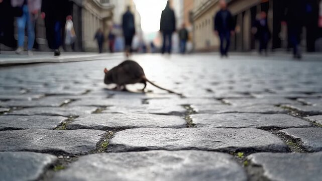 Urban rat scurrying across cobblestone street with people walking in the background, slow motion footage, symbolizing city wildlife.