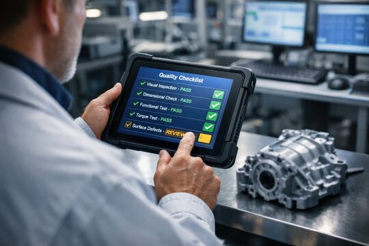 Digitalized quality assurance process concept supervisor reviewing digital checklist on industrial tablet during final inspection highlighting smart manufacturing accountability and process control