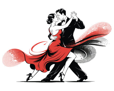 Elegant tango dancers couple dancing together performing passionate latin ballroom dance in stylish evening wear with red dress and black suit