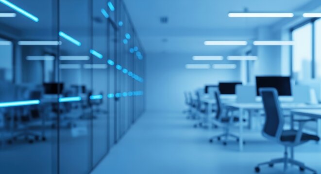 Office Blue Futuristic Technology Modern Corporate Business background featuring a blurred interior with neon lighting and workstations for cybersecurity and digital innovation.