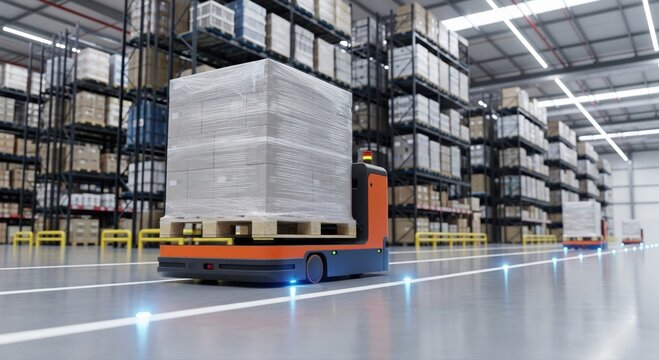 Automated logistics and future warehousing concept showing autonomous mobile robot transporting pallet through high bay warehouse highlighting Industry 4.0 efficiency scalability smart supply chains
