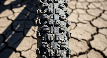 Close-up of a dirty bicycle tire on dry cracked earth illustration