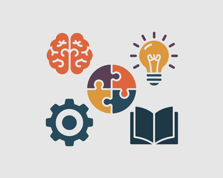 Idea generation and problem solving concept with brain puzzle pieces lightbulb and gear icons for education business and innovation themes