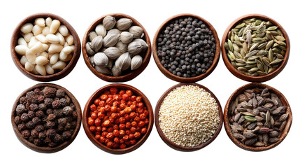 Obraz premium Aromatic Assortment: A captivating visual of eight distinct wooden bowls each filled with an array of aromatic spices. Perfect for culinary inspiration