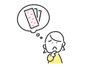 シールのことで悩む女性と吹き出しの線画の手描きイラスト