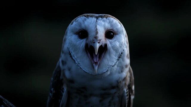 Close Up of a Barn Owl Screeching in the Dark at Night