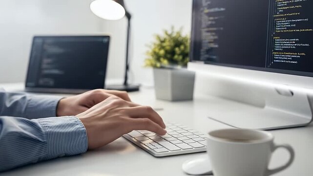 coding programming session at clean desk with computer screen and coffee