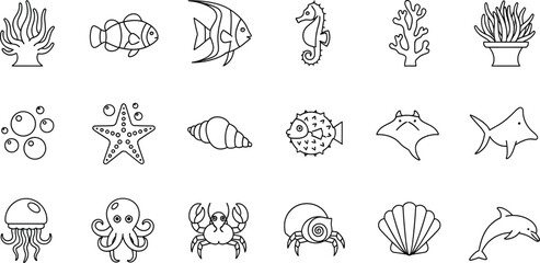 A collection of black and white line art icons depicting various marine animals and underwater elements © Simu Store