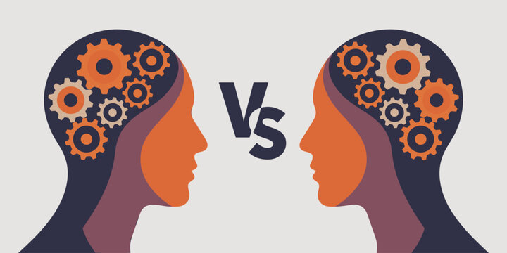 Two human head profiles facing each other with gears inside symbolizing thought process versus comparison decision making or conflict resolution concept illustration for business strategy and psycholo