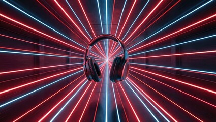 Fototapeta premium Floating gaming headphones in symmetrical infinite neon laser tunnel