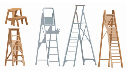 Wooden and Steel Step Ladders for Home and Construction Vector Set