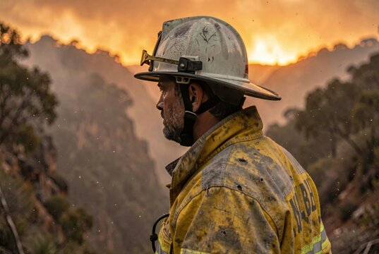 firefighter profile gazing into smoky canyon fire glow