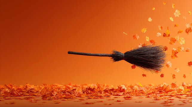 Halloween witch's broomstick flying. Minimal holiday celebration horror concept
