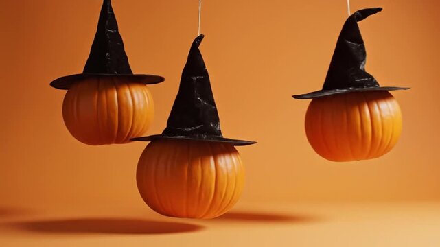 Professional halloween background animation with three hanging pumpkins wearing witch hats slow rhythmic swinging movement minimal orange studio backdrop soft highlights modern clean design seamless l