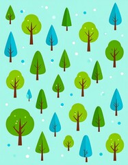 Playful forest a flat-style pattern with simplified trees, in shades of green and blue, on a light blue background