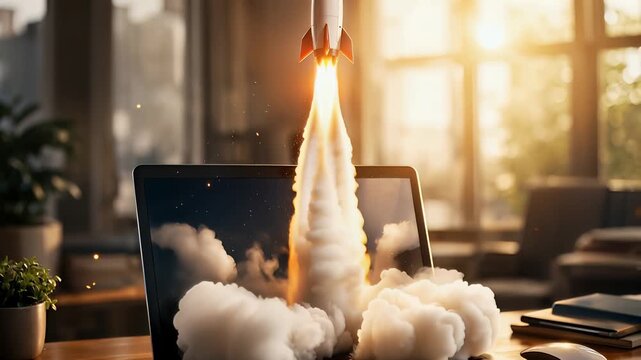 A rocket launching from a laptop screen or hand in a creative digital scene. The concept of startup launch, innovation, technology growth, business success, and digital transformation.