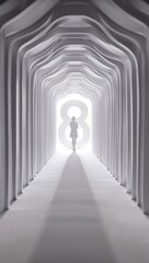 Woman walking through a surreal architectural tunnel towards bright light and number 8