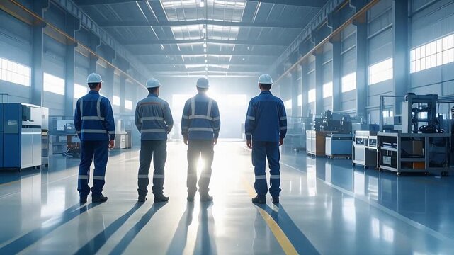 Engineers walking through spacious factory interior with sunlight reflecting on floor showing progress and industrial workflow