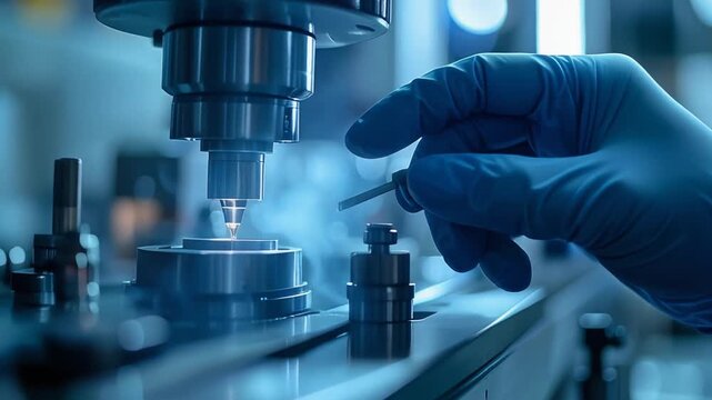 Gloved hand operating CNC machine component inside modern manufacturing environment highlighting technical expertise