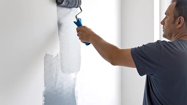 Hand painting white wall with roller in minimal interior showing simple home improvement task