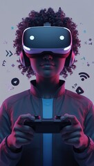 Young woman wearing VR headset playing video games with controller neon lights