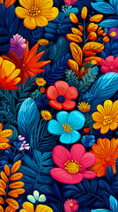 Fototapeta premium Dynamic Abstract Floral Garden Illustration with Bold Bright Flowers and Lush Foliage Creating Seamless, Joyful Botanical Background Design