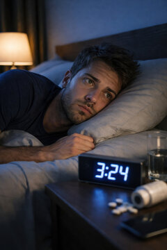 Young man lying awake in bed at 324 am staring at alarm clock with insomnia anxiety and sleepless night mood beside water glass in dim bedroom lighting at home during restless hours
