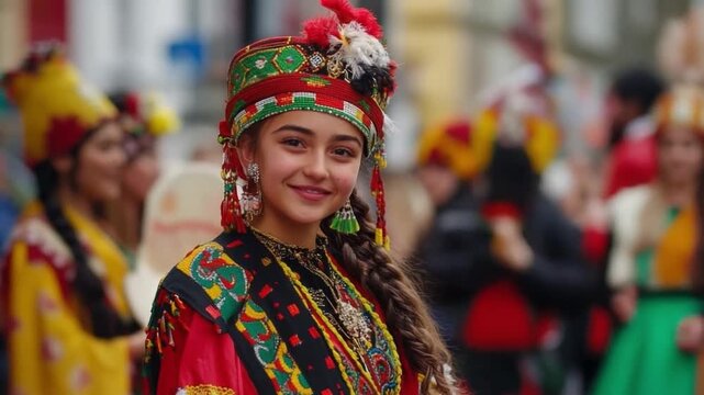 Colorful cultural celebration featuring a young woman in traditional attire smiling. The vibrancy showcases heritage and joy in the community. Generative AI