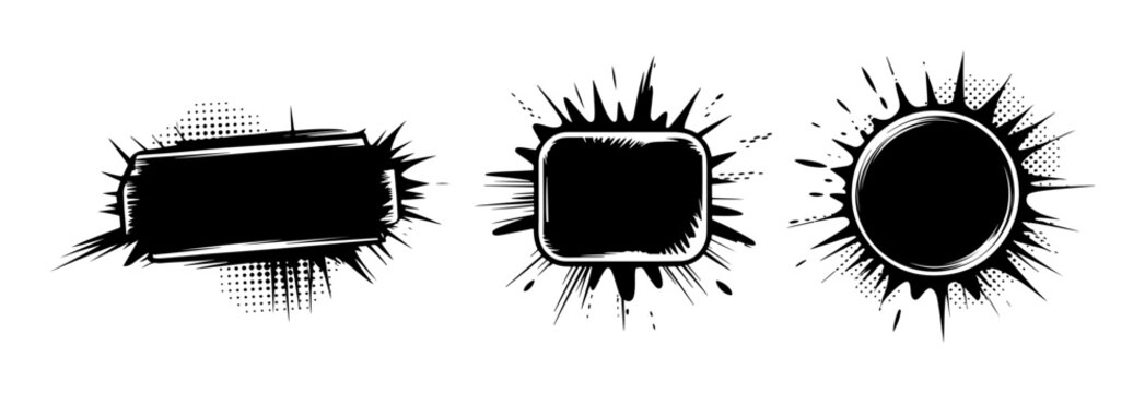 Black Grunge Explosion Frames with Spray Paint Burst Edges Vector Badge Set