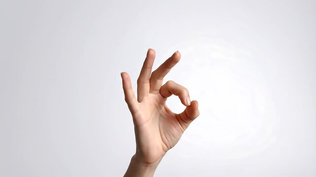 Raised female hand forming okay gesture against light background with minimalist style