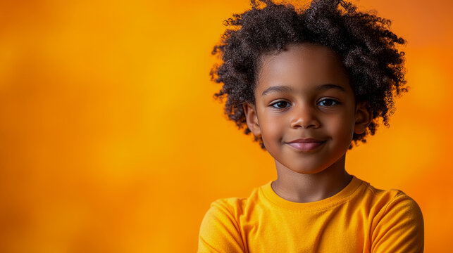 Close-up portrait of adorable young African American boy with cheerful smile and curly hair, wearing vibrant yellow t-shirt against bright orange background