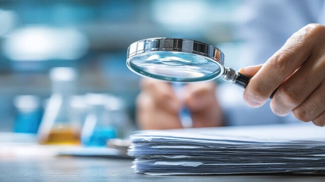 Doctor Studying Pharmaceutical Law with Magnifying Glass in Lab