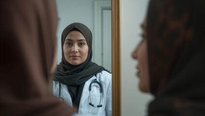 Muslim female doctor in hijab and stethoscope reflected in mirror, representing healthcare profession