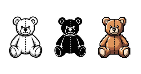 Stylized teddy bears: hand-drawn, silhouette, pixel art versions