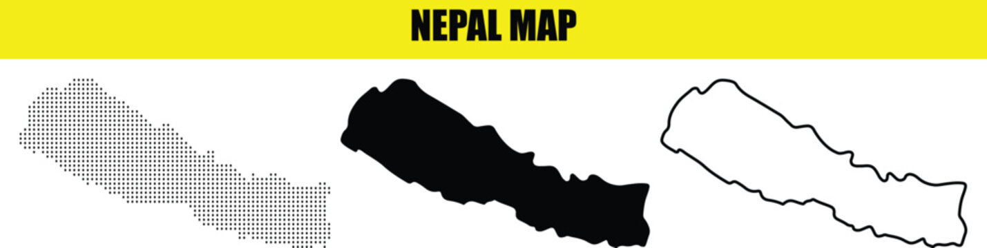 Nepal Map Bundle - Dotted Map Graphic, Solid Black Silhouette, and Minimal Outline EPS 10