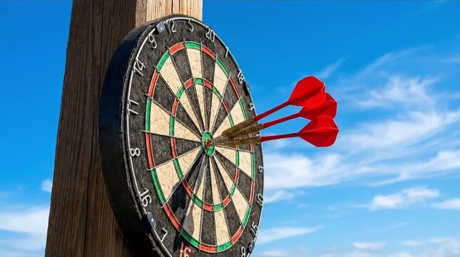 Three Red Darts Hitting the Bullseye on an Outdoor Dartboard Against a Clear Blue Sky, Symbolizing Perfect Aim and Achievement
