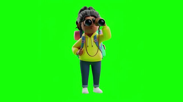 3D Cartoon Female Character Adjusting Backpack on Green Screen for Travel Preparation Hiking Adventure and Student Study Abroad Journey Concepts